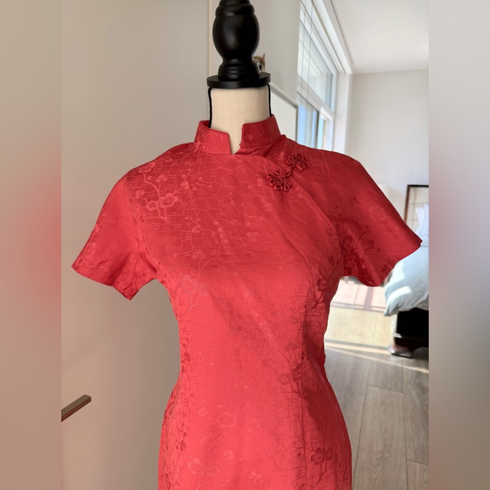 Vintage Cheongsam / Qipao Dress, Pink-Red Satin Jacquard
